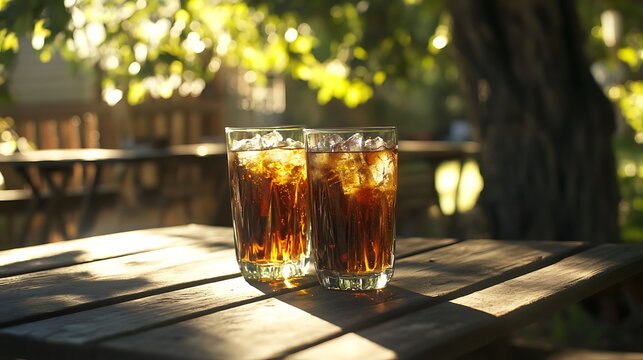 Two iced tea glasses on a picnic table, sunlit outdoor setting