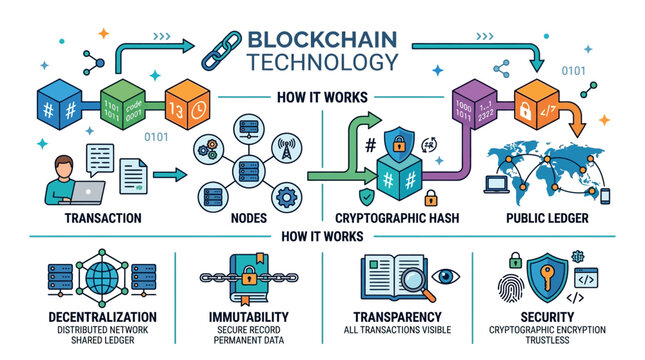 Digital marketing concept with blockchain technology on white background illustration