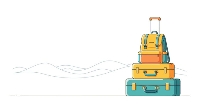 Stack of colorful luggage and backpack for travel, isolated on white background