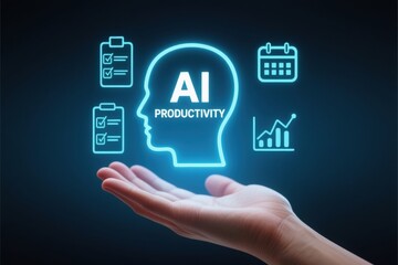 Obraz premium AI productivity business people working marketing insights concept with hand and glowing icons for success