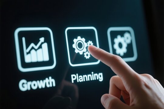 Ai productivity business people working marketing hand touchscreen planning growth finger technology digital screen icon strategy concept