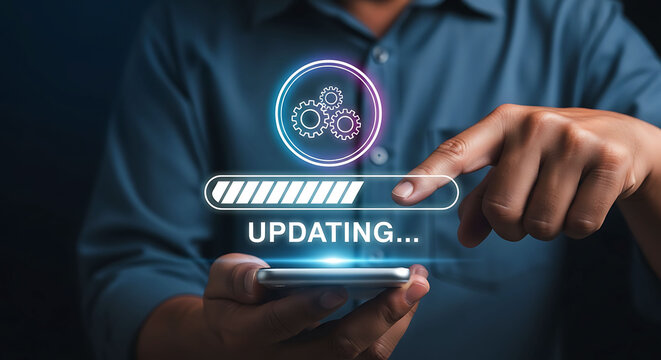 Software update process on mobile phone screen with loading bar and gear icons