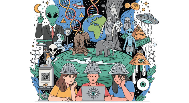 Complex and detailed illustration depicts conspiracy theories including aliens, flat earth, pyramids, and secret government surveillance themes.