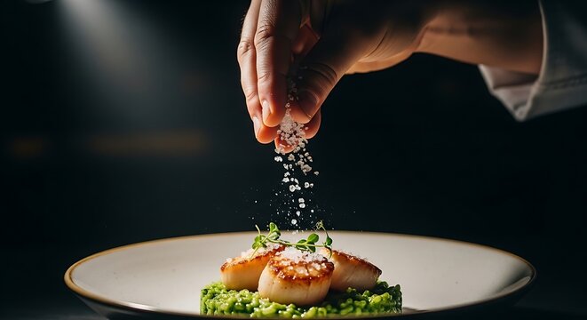 Chef sprinkling sea salt on pan seared scallops over green risotto