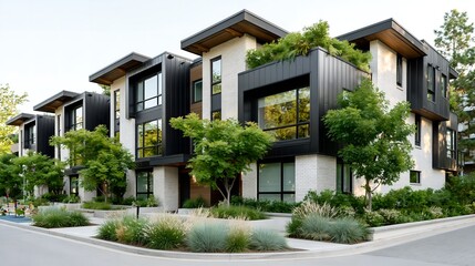 Fototapeta premium Modern townhouses with black-framed windows. Green trees line the landscaped front yard. Low shrubs and grasses surround the sidewalk