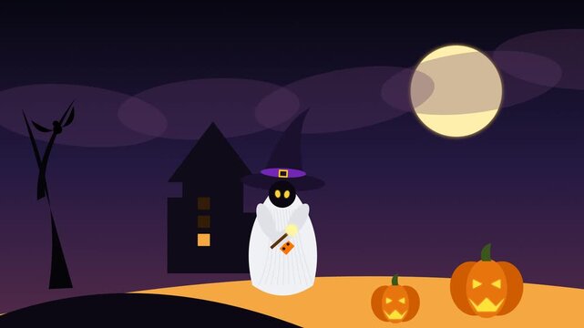 Cute 2D animation of a ghost in a witch hat holding a magic wand, standing near glowing pumpkins, a haunted house, and a bright full moon in a spooky purple night sky.