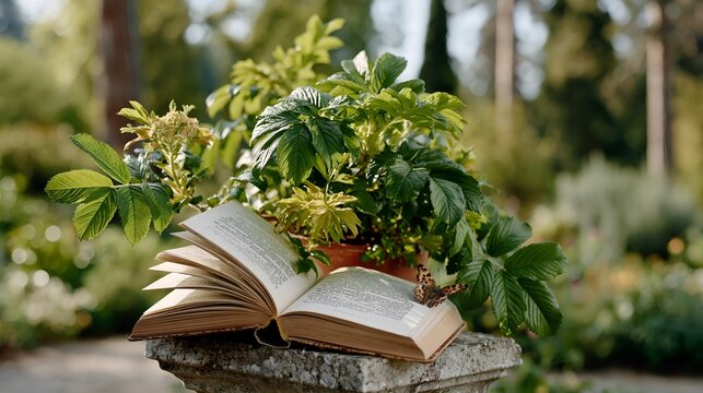 Open book rests beside green leafy plant in garden. Soft sunlight illuminates rustic stone pedestal