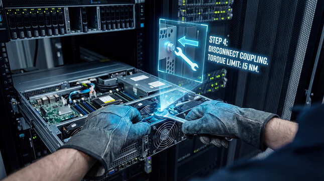 Technician performing server maintenance using augmented reality instructions in a data center