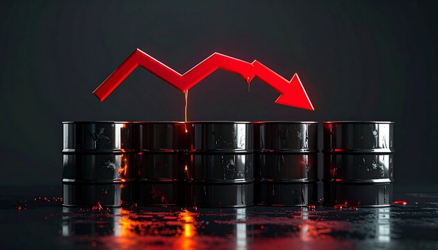 3D oil barrel with sharp red arrow down, concept of global oil price crash.