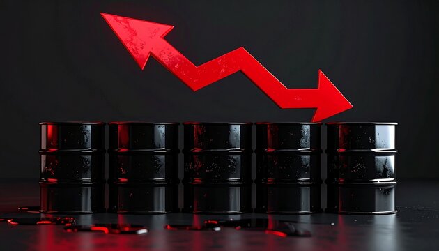 3D oil barrel with sharp red arrow down, concept of global oil price crash.