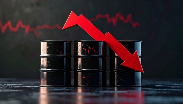 3D oil barrel with sharp red arrow down, concept of global oil price crash.