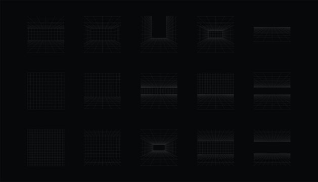 Grid perspective and wireframe 3D room and space representations.