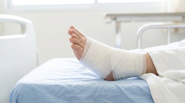 Injured foot with medical bandage resting on a hospital bed for recovery