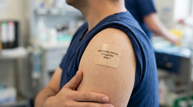 Man with a nicotine patch on his shoulder to help quit smoking habits