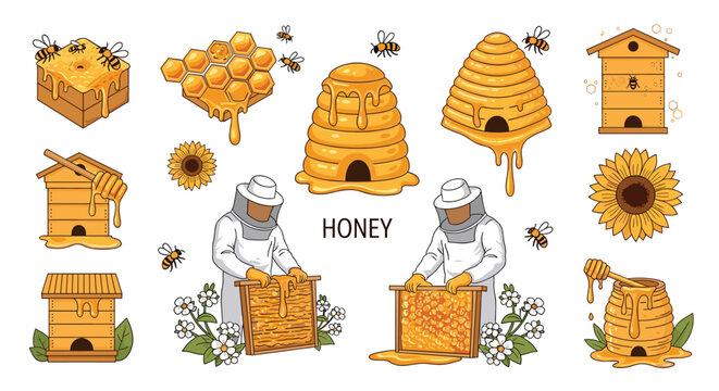 Comprehensive honey collection featuring beekeepers working with hives, honeycomb, sunflowers, and bees in a farm setting.