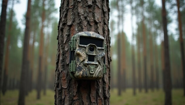 Camouflage trail camera is fixed on rough tree trunk in forest. Device monitors animal movement using motion sensor. Remote nature observation tool blends with bark.