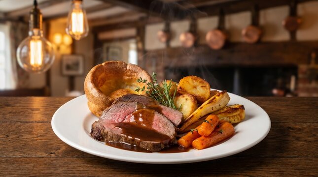 British Uk Food Sunday Roast Beef with Yorkshire Pudding, Roast Potatoes, Pars