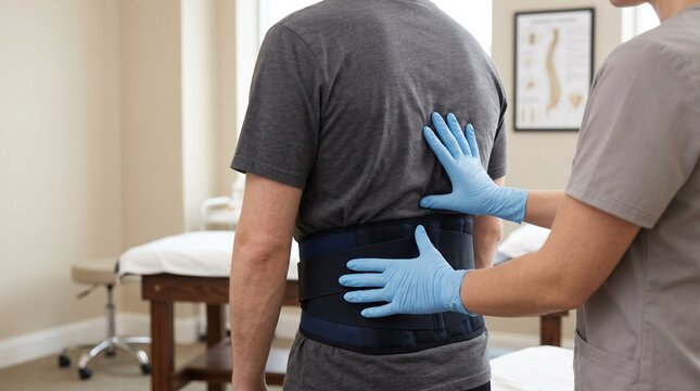 Physical therapist adjusts back brace on male patient in clinic office