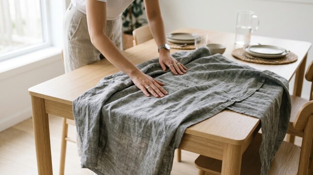 Hands smoothing gray linen tablecloth