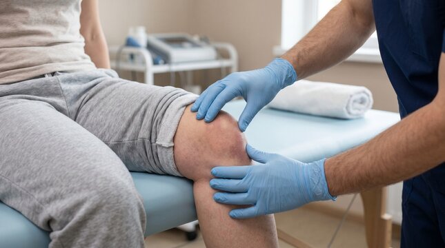 Physical therapist examining painful knee of patient in medical clinic