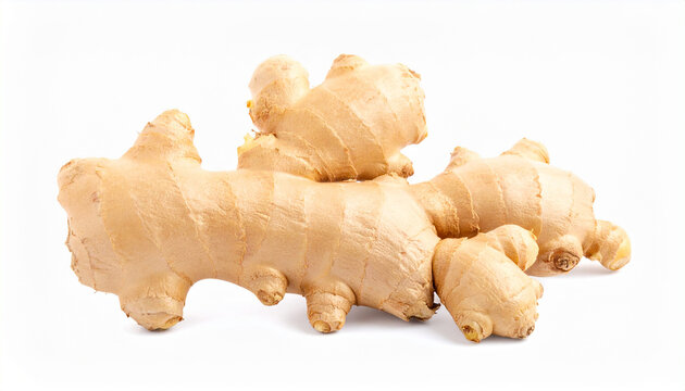 Multiple ginger rhizomes forming a natural arrangement on white