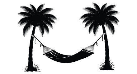 Two palm trees with a hammock between them black and white silhouette high quality professional detailed modern elegant stylish © Ajahar