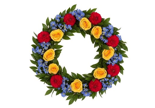 Colorful Floral Wreath with Yellow Roses Red Carnations and Blue Flowers