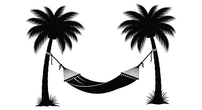 Two palm trees with a hammock between them black and white silhouette high quality professional detailed modern elegant stylish