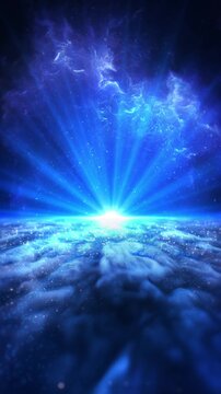 Galactic Light Surge Abstract Universe Energy Horizon Scene cosmic clouds sparkling particles. Depicts universal energy, space creation, dynamic nebula motion glow, depth, celestial atmosphere.