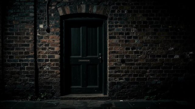 Dark Brick Wall Entrance with Metal Door Creating a Moody Cinematic Atmosphere for Dramatic Visuals