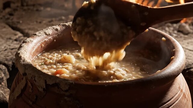 Traditional cooking of porridge in a clay pot over an open fire.