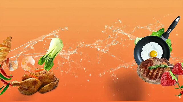 A vibrant assortment of foods, including steak, chicken, shrimp, greens, and fruit, playfully float against a bright orange backdrop, creating a dynamic culinary composition.