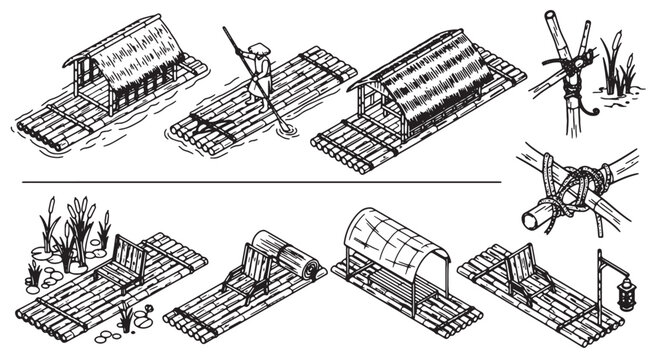 Farm, rural landscape, vector icons, 8 buildings, black and white illustrations, agricultural architecture