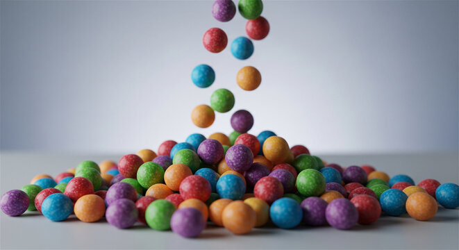 Colorful gumballs falling into a pile, vibrant round sugar candies on a neutral background, assorted sweet bubblegum spheres in motion