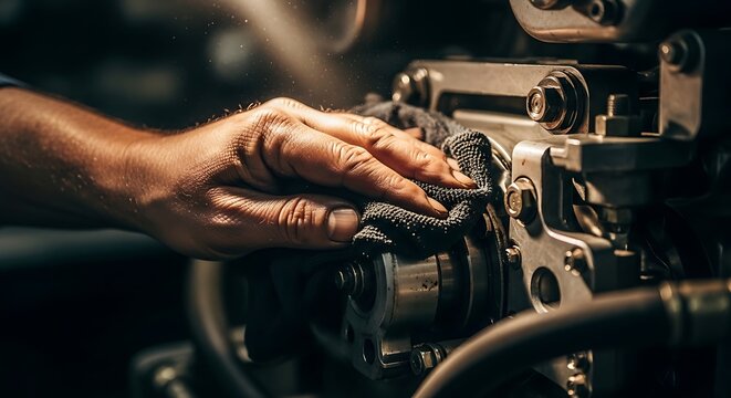 Mechanic cleaning a mechanical engine part with a rag in a workshop