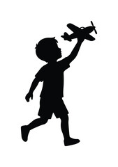 Obraz premium Playful child silhouette, young boy running with toy airplane, childhood dream vector, imaginative play, kids' aviation concept isolated on White Background