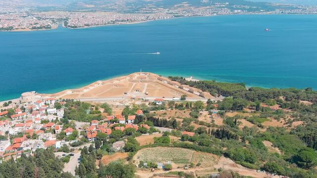 Kilitbahir, Turkey. Historic defense lin Namazgah Bastion, HQ of the 4th Heavy Artillery Regiment in WWI, and the iconic Kilitbahir Castle. Aerial view.