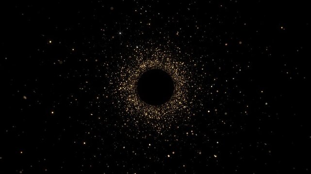 Black Hole Twinkling Gold Particles Golden sparkling particles form cosmic vortex stunning visual black hole gold glitter circle light shine sparkles gold overlay 4k virtual video animation background