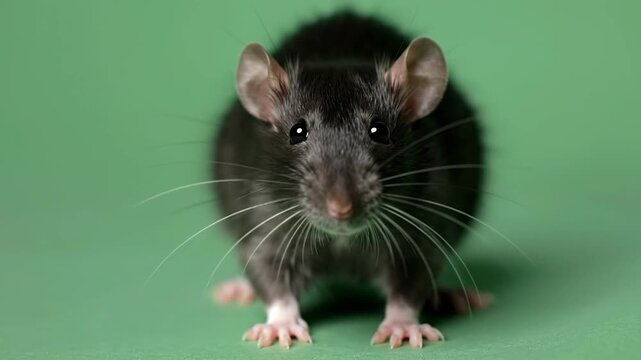 Black domestic rat standing alert, against a plain solid green studio background, small rodent animal posing for photography with whiskers and long tail 4K Video