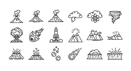 Volcano, eruption, disaster icons, 20 black line art symbols © Rosie