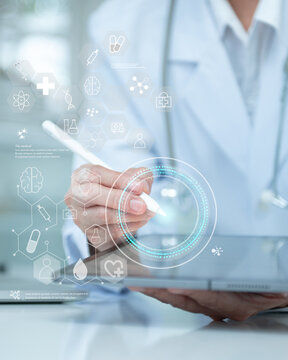 Medical technology or telehealth or telemedicine concept. Medicine Doctor or Physician are Health Check with digital system support for patient with medical icon.