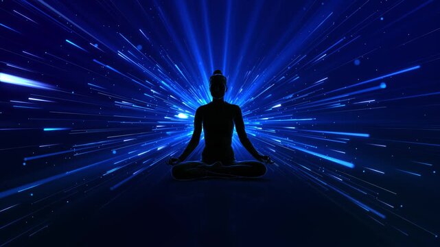 Peaceful mindfulness meditation relaxing for mental health abstract human figure sitting lotus yoga pose floating wireframe circular water waves Meditation, yoga mental health care animated background