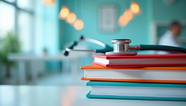 Medical stethoscope rests on stack of colorful books. Documents signify healthcare study and learning. Professional office setting with blurred background.