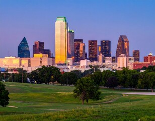 Obraz premium Skyline of Dallas, Texas at Twilight: A beautiful urban landscape under the evening sky