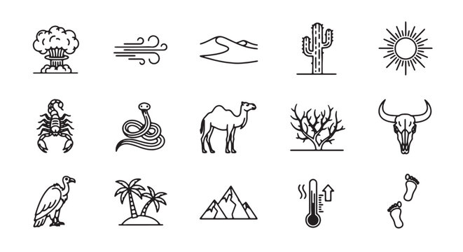 Desert landscape line icon set, 15 black outline vector elements of arid nature, wild west and dry climate symbols for web design