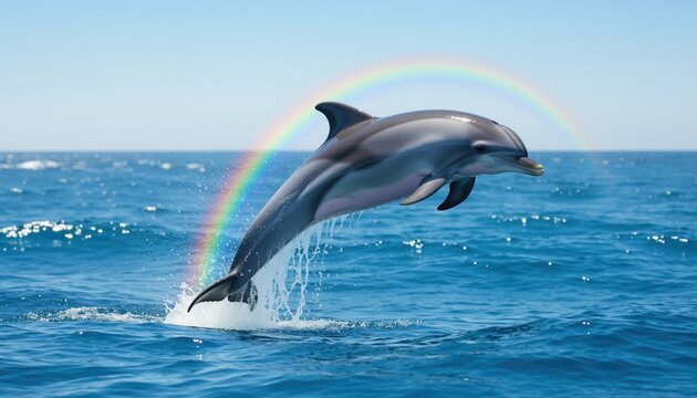 A dolphin leaps joyfully from the ocean waves under a vibrant rainbow and bright blue sky