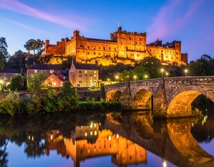 Fototapeta premium A serene castle scene at dusk with a bridge and river