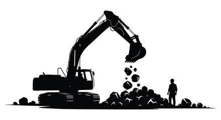 excavator digging rocks with construction worker black silhouette high quality professional detailed modern elegant stylish clean crisp vibrant colorful © Ajahar