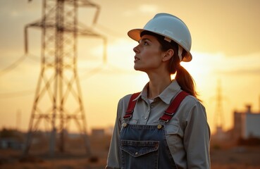 Woman worker with hard hat looks up at sunset near power lines. She wears denim overalls, stands in industrial area, ready for her next job assignment.