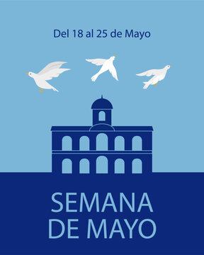 Semana de Mayo flyer, cabildo, palomas y texto editable 25 de Mayo fechas patrias